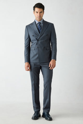  Koyu Lacivert 7 Drop Slim Fit Dar Kesim Yünlü Sivri Yaka Kruvaze Takım Elbise