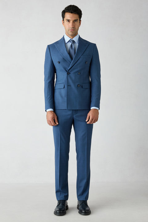 İndigo 7 Drop Slim Fit Dar Kesim Yünlü Sivri Yaka Kruvaze Takım Elbise