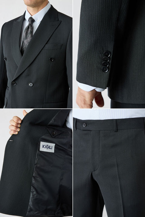 Siyah 6 Drop Regular Fit Standart Kesim Yünlü Çizgili Sivri Yaka Kruvaze Takım Elbise