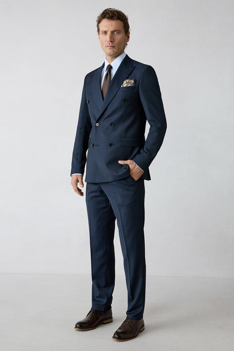 Mid Navy 6-Drop Regular Fit Peak Lapel Wool Blend Striped Double-Breasted Suit