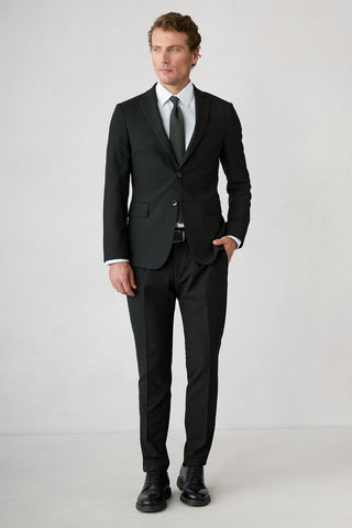  Siyah 7 Drop Süper Slim Fit Armürlü Mono Yaka Klasik Takım Elbise