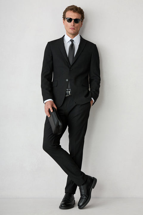 Siyah 7 Drop Süper Slim Fit Armürlü Mono Yaka Klasik Takım Elbise