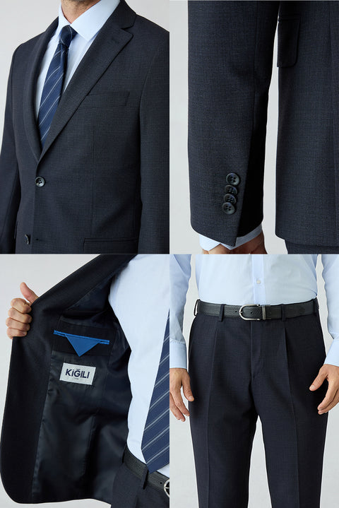 Koyu Lacivert 7 Drop Süper Slim Fit Armürlü Mono Yaka Klasik Takım Elbise