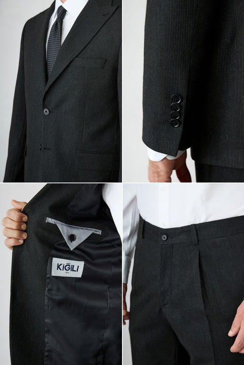 Siyah 4 Drop Relaxed Fit Rahat Kesim Çizgili Sivri Yaka Takım Elbise