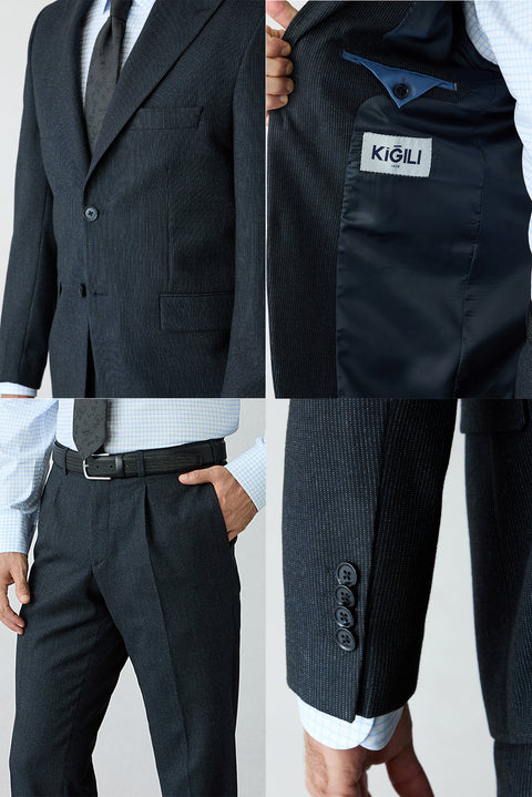 Koyu Lacivert 4 Drop Relaxed Fit Rahat Kesim Çizgili Sivri Yaka Takım Elbise