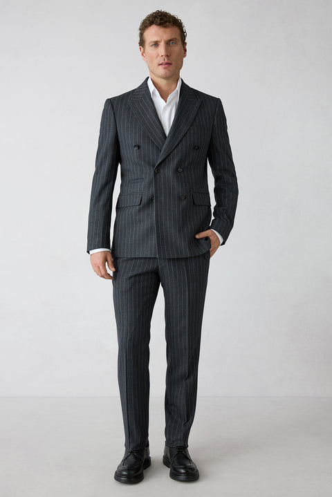 Koyu Füme 7 Drop Slim Fit Sivri Yaka Çizgili Kruvaze Kapama Takım Elbise