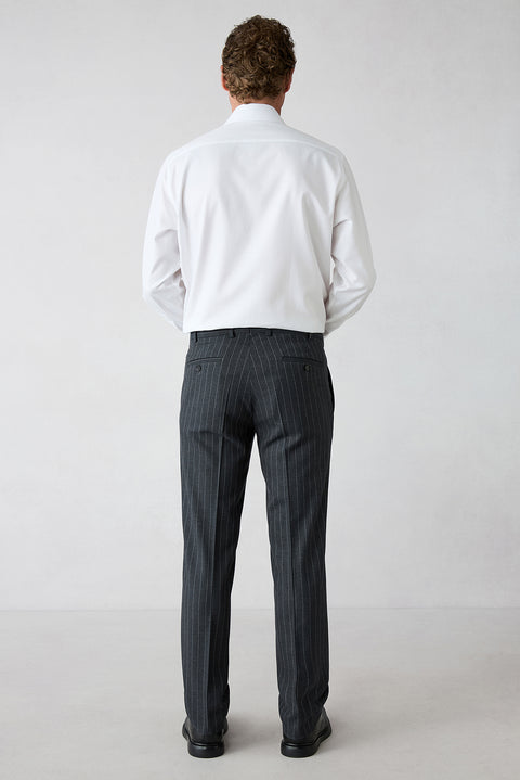 Koyu Füme 7 Drop Slim Fit Sivri Yaka Çizgili Kruvaze Kapama Takım Elbise