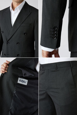  Siyah 7 Drop Slim Fit Dar Kesim Çizgili Sivri Yaka Kruvaze Takım Elbise