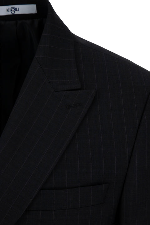 Black 6 Drop Regular Fit Standard Cut Peak Lapel Striped Double-Breasted Suit