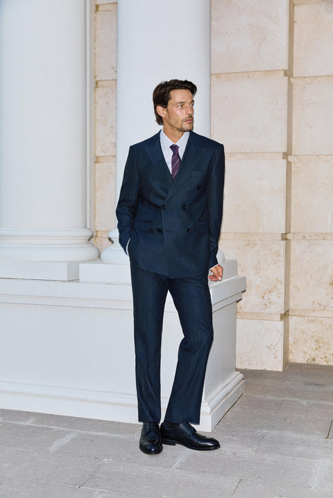 Dark Navy 7 Drop Slim Fit Peak Lapel Striped Double-Breasted Suit