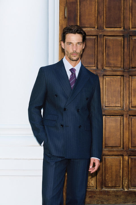 Dark Navy 7 Drop Slim Fit Peak Lapel Striped Double-Breasted Suit