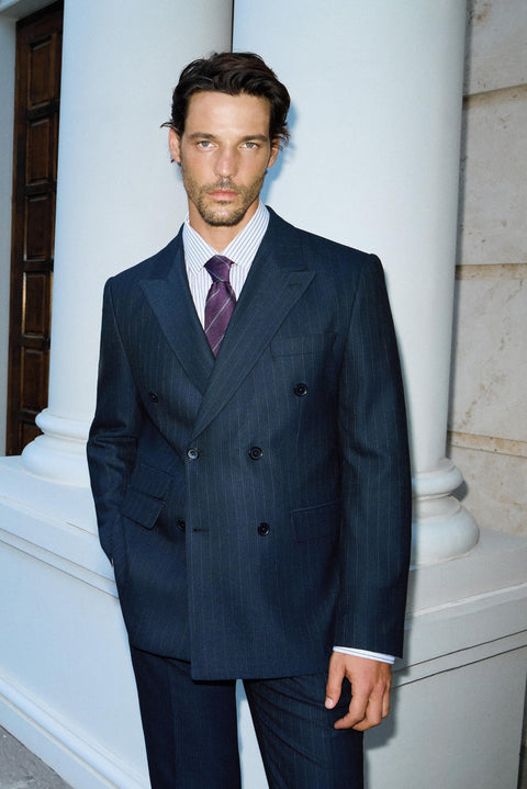 Dark Navy 7 Drop Slim Fit Peak Lapel Striped Double-Breasted Suit