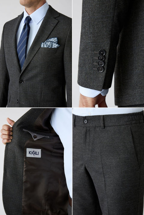 Dark Coffee 6-Drop Regular Fit Plaid Shawl Lapel Suit Set