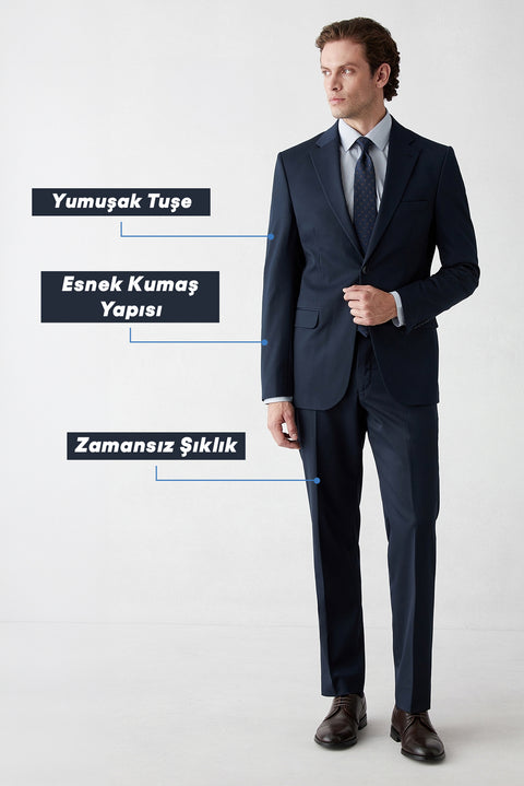 Koyu Lacivert 6 Drop Regular Fit Standart Kesim Mono Yaka Likralı Düz Takım Elbise