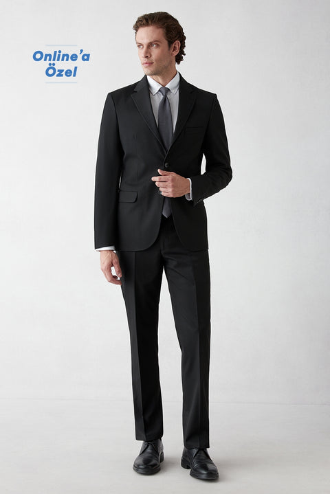 Siyah 7 Drop Slim Fit Dar Kesim Mono Yaka Likralı Düz Takım Elbise