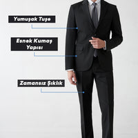 Siyah 7 Drop Slim Fit Dar Kesim Mono Yaka Likralı Düz Takım Elbise