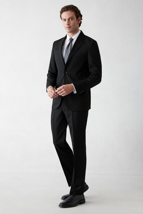 Siyah 7 Drop Slim Fit Dar Kesim Mono Yaka Likralı Düz Takım Elbise