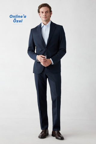  Koyu Lacivert 7 Drop Slim Fit Dar Kesim Mono Yaka Likralı Düz Takım Elbise