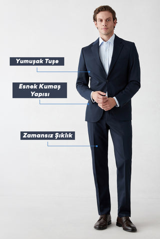  Koyu Lacivert 7 Drop Slim Fit Dar Kesim Mono Yaka Likralı Düz Takım Elbise