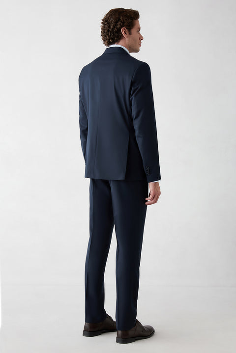 Koyu Lacivert 7 Drop Slim Fit Dar Kesim Mono Yaka Likralı Düz Takım Elbise