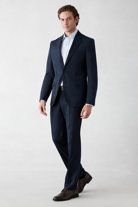 Koyu Lacivert 7 Drop Slim Fit Dar Kesim Mono Yaka Likralı Düz Takım Elbise