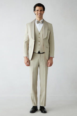  Açık Bej 7 Drop Slim Fit Dar Kesim Şal Yaka Yelekli Smokin & Damatlık