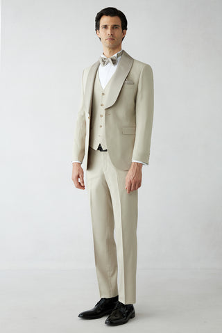  Açık Bej 7 Drop Slim Fit Dar Kesim Şal Yaka Yelekli Smokin & Damatlık