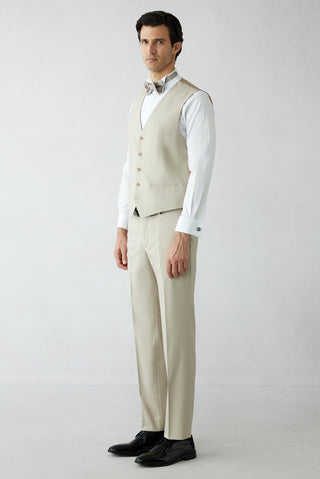  Açık Bej 7 Drop Slim Fit Dar Kesim Şal Yaka Yelekli Smokin & Damatlık