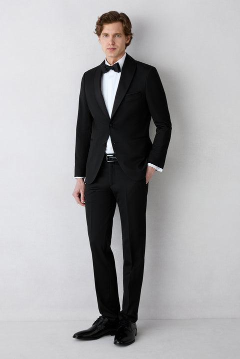 Siyah 7 Drop Slim Fit Dar Kesim Şal Yaka Desenli Smokin & Damatlık