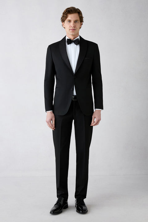 Siyah 7 Drop Slim Fit Dar Kesim Şal Yaka Desenli Smokin & Damatlık