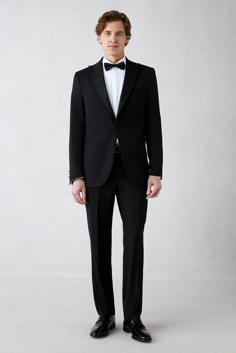 Siyah 7 Drop Slim Fit Dar Kesim Sivri Yaka Smokin & Damatlık