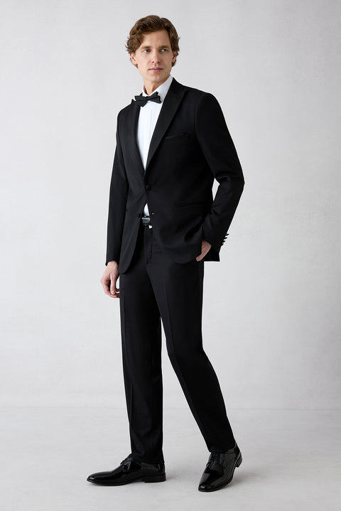 Siyah 7 Drop Slim Fit Dar Kesim Sivri Yaka Smokin & Damatlık