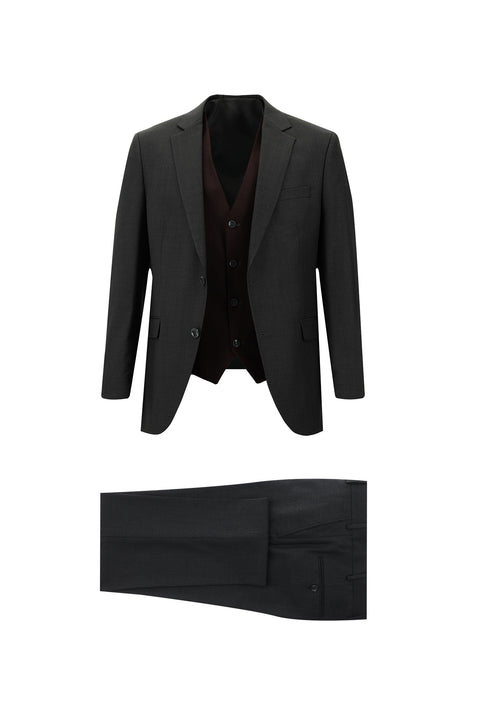 Koyu Füme 7 Drop Slim Fit Dar Kesim Kombinli Yelekli Takım Elbise
