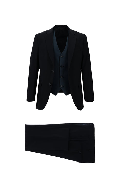 Black and Navy Blue 7 Drop Slim Fit Narrow Cut Suit with Vest