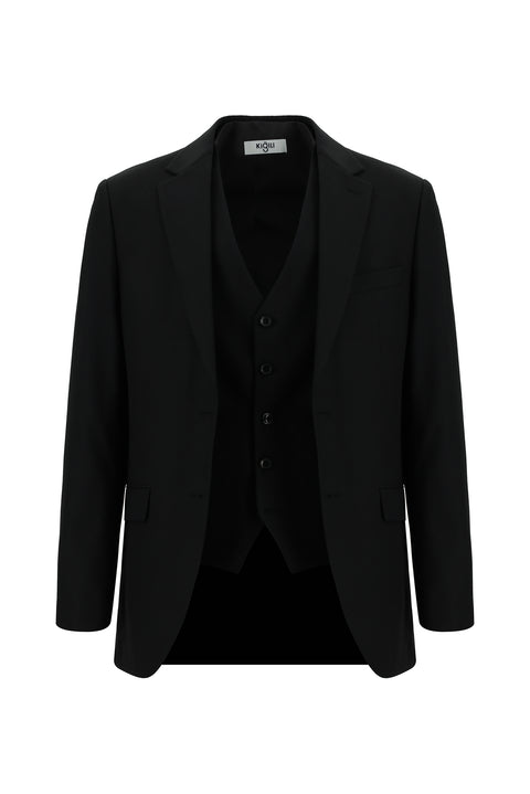 Black 6-Drop Regular Fit Suit with Vest