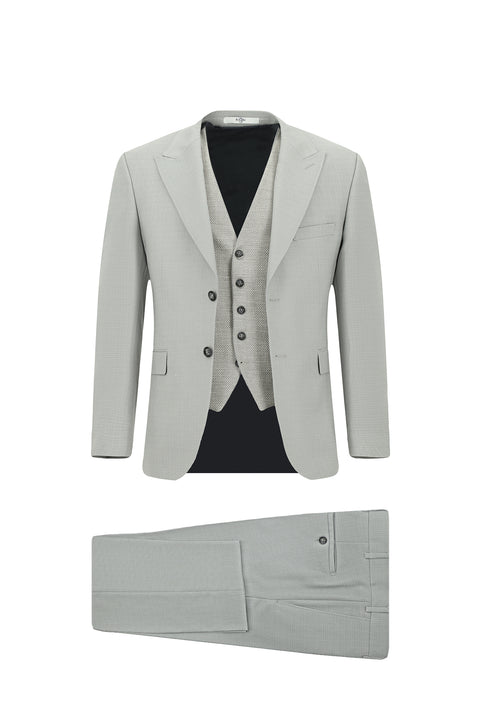 Açık Gri 7 Drop Slim Fit Dar Kesim Yelekli Kombinli Takım Elbise