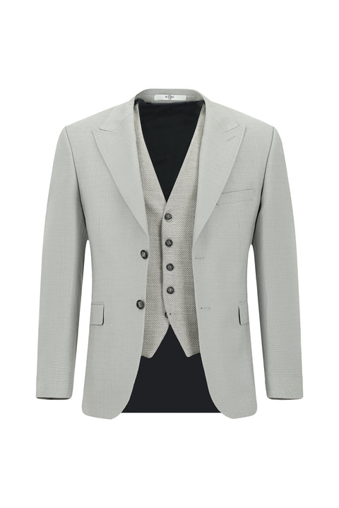 Açık Gri 7 Drop Slim Fit Dar Kesim Yelekli Kombinli Takım Elbise