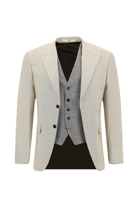 Light Beige 7 Drop Slim Fit Suit with Vest