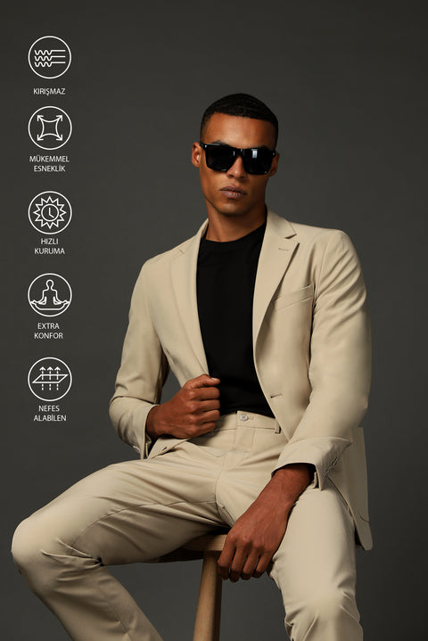 Medium Beige Techno-Line 7 Drop Super Slim Fit Extra Narrow Cut Suit