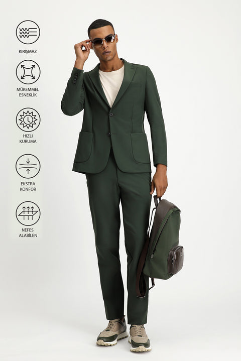 Dark Green Techno-Line 7 Drop Super Slim Fit Extra Narrow Cut Suit
