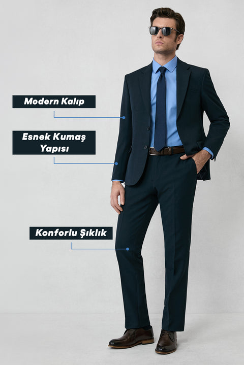 Koyu Lacivert 7 Drop Slim Fit Dar Kesim Mevsimlik Likralı Esnek Takım Elbise