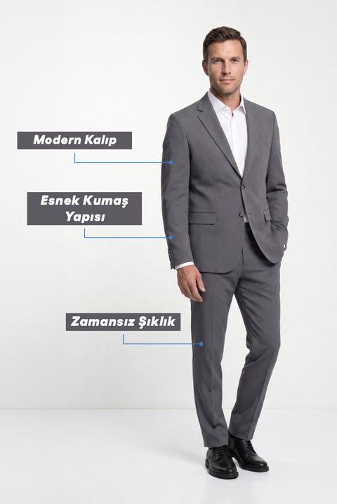 Koyu Antrasit 6 Drop Regular Fit Standart Kesim Mevsimlik Likralı Esnek Takım Elbise