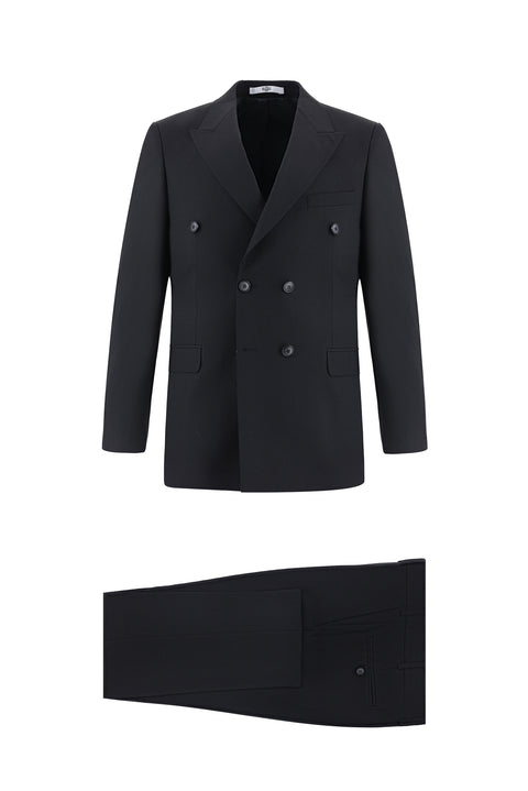 Black 6-Drop Regular Fit Standard Cut Wool Double-Breasted Suit