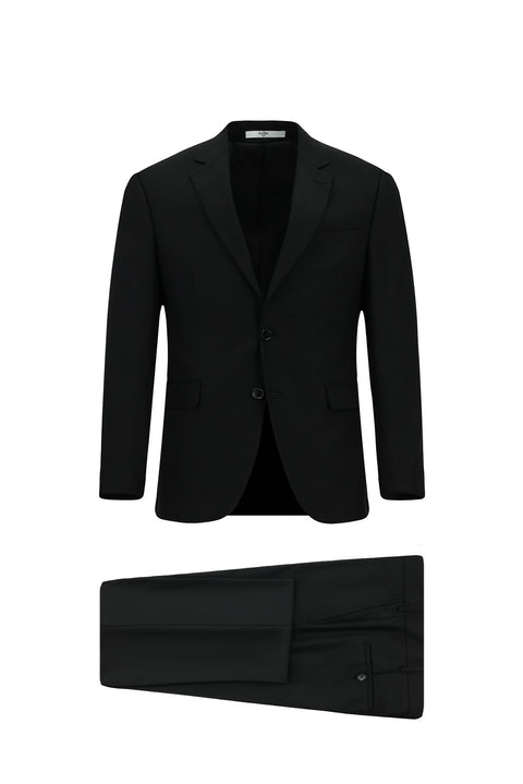 Siyah 7 Drop Super Slim Fit Eksra Dar Kesim Mono Yaka Yünlü Takım Elbise