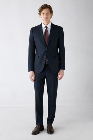  Koyu Lacivert 7 Drop Slim Fit Dar Kesim Mono Yaka Yünlü Takım Elbise