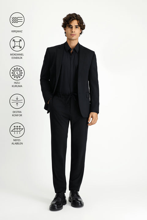 Siyah Techno-Line 7 Drop Super Slim Fit Eksra Dar Kesim Beli Lastikli İpli Çantalı Likralı Takım Elbise