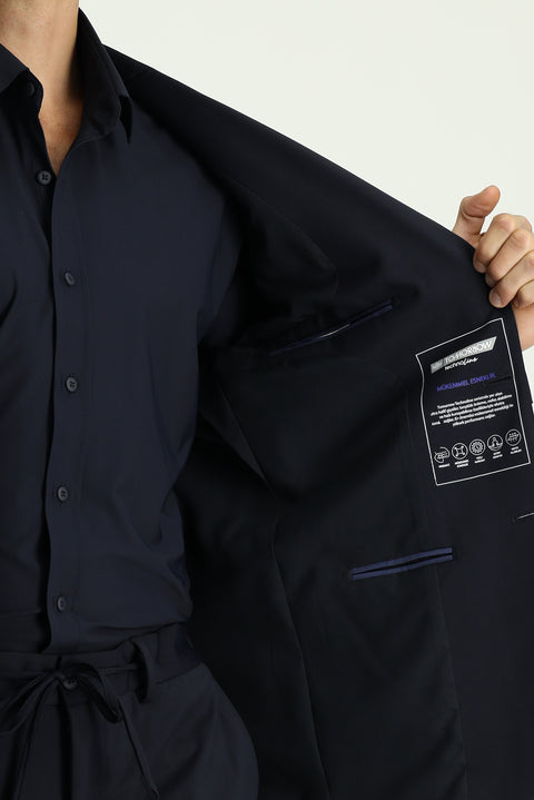 Dark Navy Techno-Line 7 Drop Super Slim Fit Extra Narrow Cut Elastic Waist Drawstring Suit with Bag and Lycra Fabric