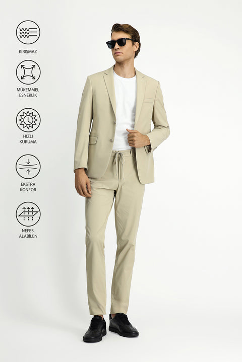 Medium Beige Techno-Line 7 Drop Super Slim Fit Extra Narrow Cut Elastic Waist Drawstring Suit with Bag and Lycra Fabric