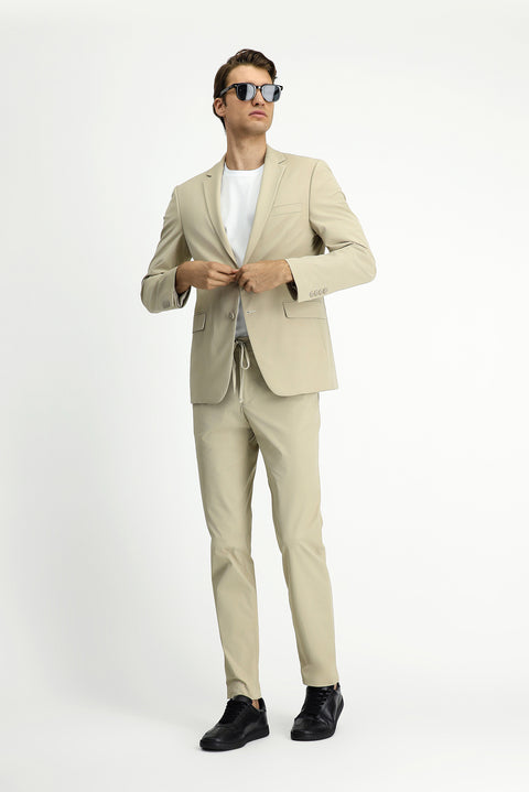 Medium Beige Techno-Line 7 Drop Super Slim Fit Extra Narrow Cut Elastic Waist Drawstring Suit with Bag and Lycra Fabric