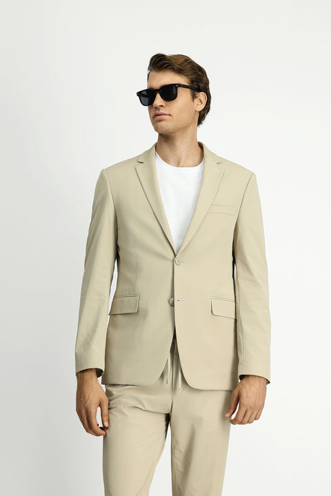 Medium Beige Techno-Line 7 Drop Super Slim Fit Extra Narrow Cut Elastic Waist Drawstring Suit with Bag and Lycra Fabric